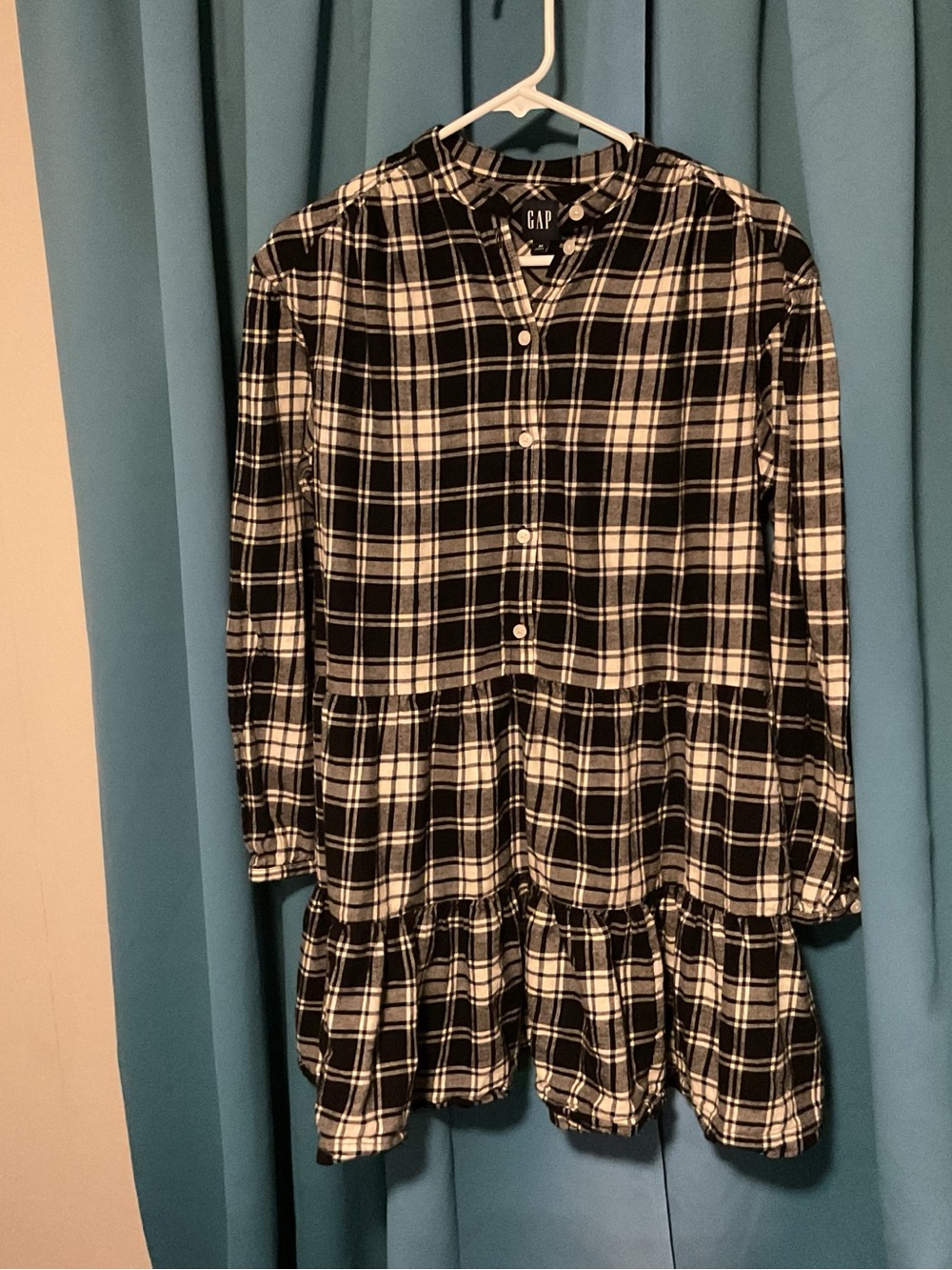 GAP Black and White Plaid Tiered Button-Front Dress